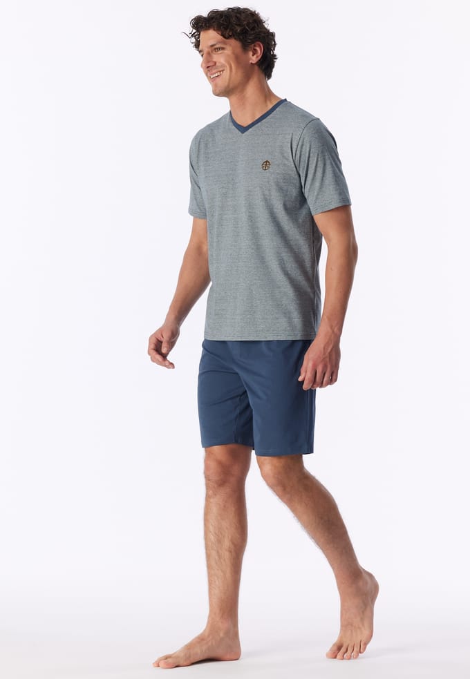 Korte pyjama met v-hals, streepjes, diepblauw - 95/5 48