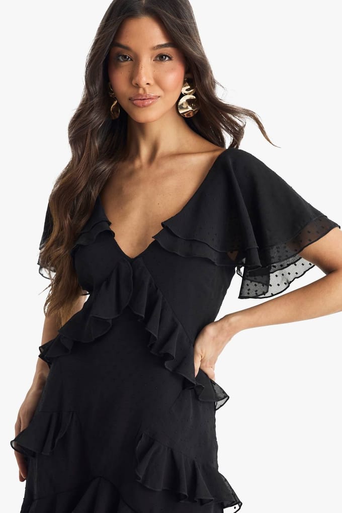 boohoo Dames Dobby Frill Detail Maxi Jurk | Zwart | Maat: 36