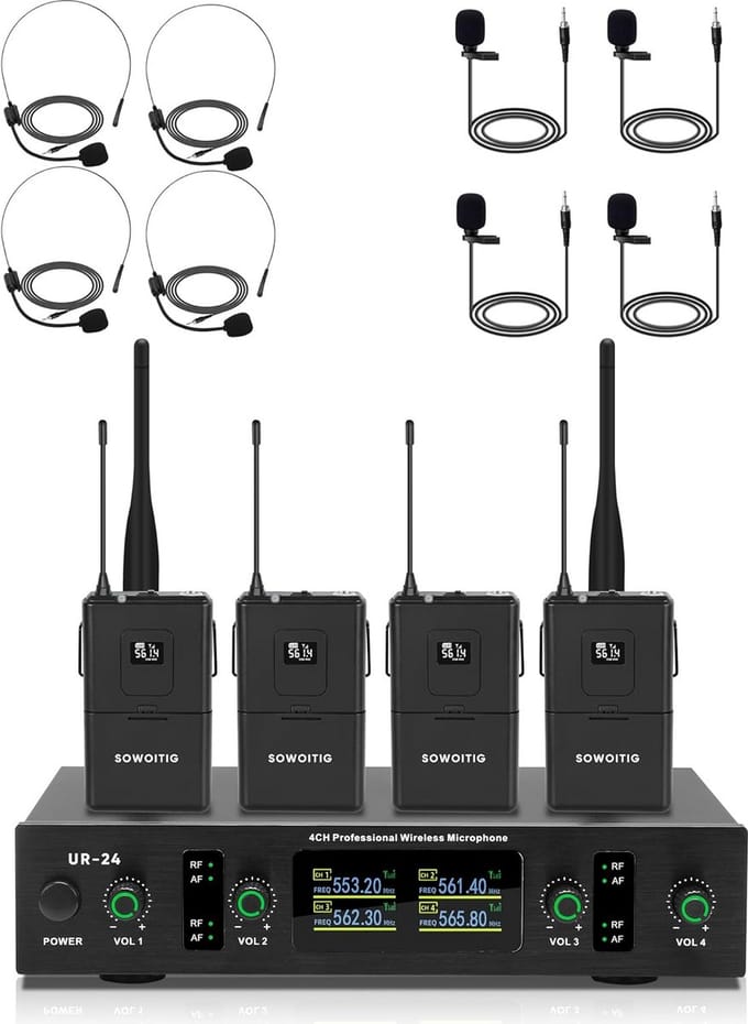 Draadloos 4-kanaals UHF Microfoonsysteem met Lavalier en Headset Microfoon - 90m Bereik