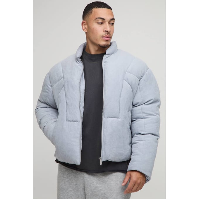 Boxy Fit Washed Nylon Duvet Funnel Neck Puffer Jacket | Light Blue | Size Medium