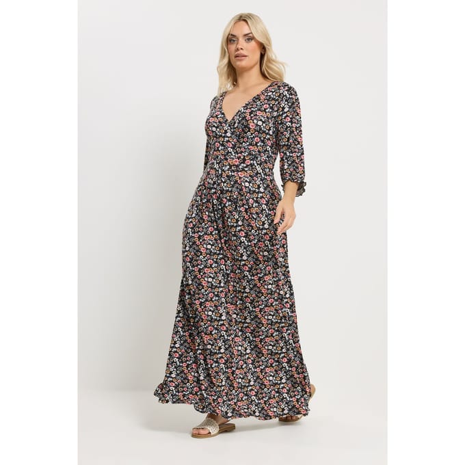 Yours Zwarte Wikkeljurk Met Bloemenprint En Vhals Size 46