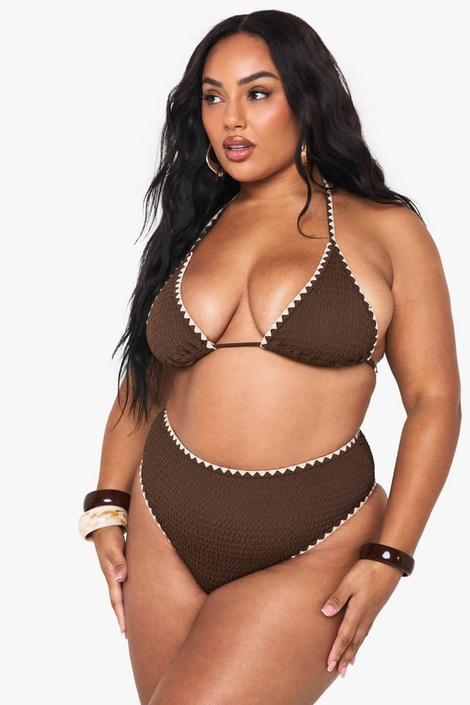 boohoo Dames Plus Contrasterende Stiksels Driehoek Bikini Set | Chocolate | Maat: 28
