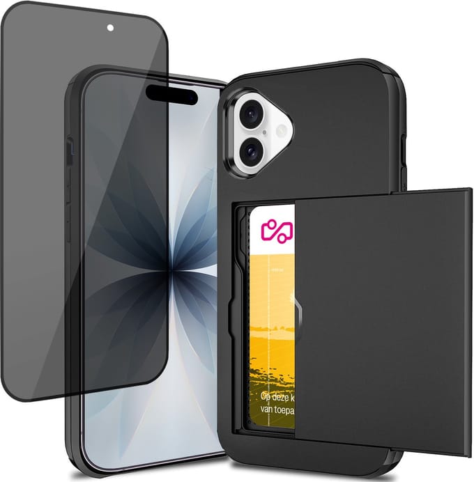 Hoesje met Pasjeshouder geschikt voor iPhone 17 - Privacy Screen Protector FullGuard - Back Cover SlideCase Zwart & Screenprotector