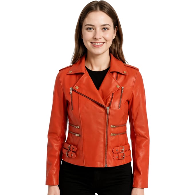 Dames leren oranje Brando bikerjack - Constantia