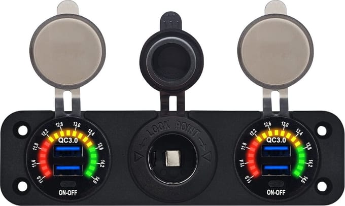 ProRide 12V USB Autolader 2 Poorten - QC3.0 - Voltmeter en 12V/24V Sigarettenplug - Drievoudig inbouw