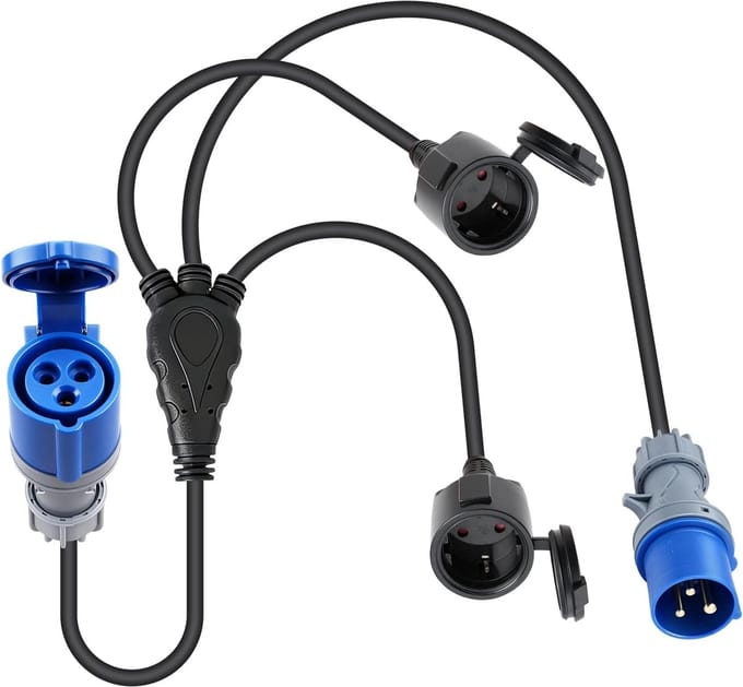CEE Adapter - Caravan Splitter - Camping Stroom - 3 Stopcontacten - 15 Meter Kabel - Blauw Zwart