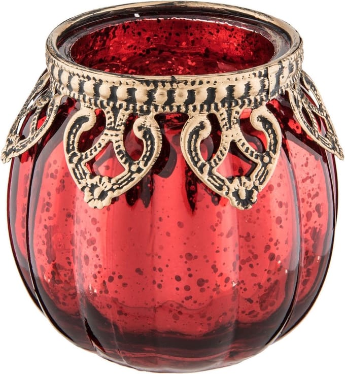Clayre & Eef Theelichthouder Ø 8x8 cm Rood Goudkleurig Glas