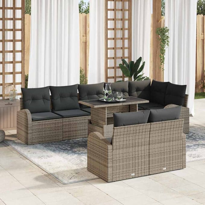 vidaXL Tuinbank Set met opslag met kussen 9 pcs Grijs poly rattan