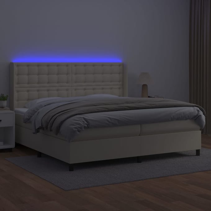 vidaXL - Boxspring - met - matras - en - LED - kunstleer - crèmekleurig - 200x200 - cm