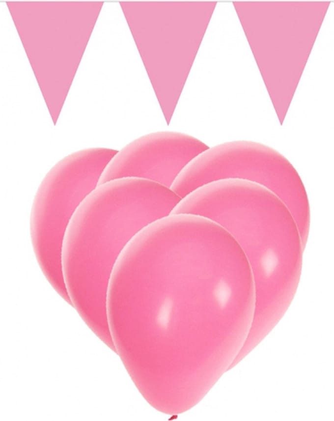 Lichtroze versiering 15 ballonnen en 2 vlaggenlijnen