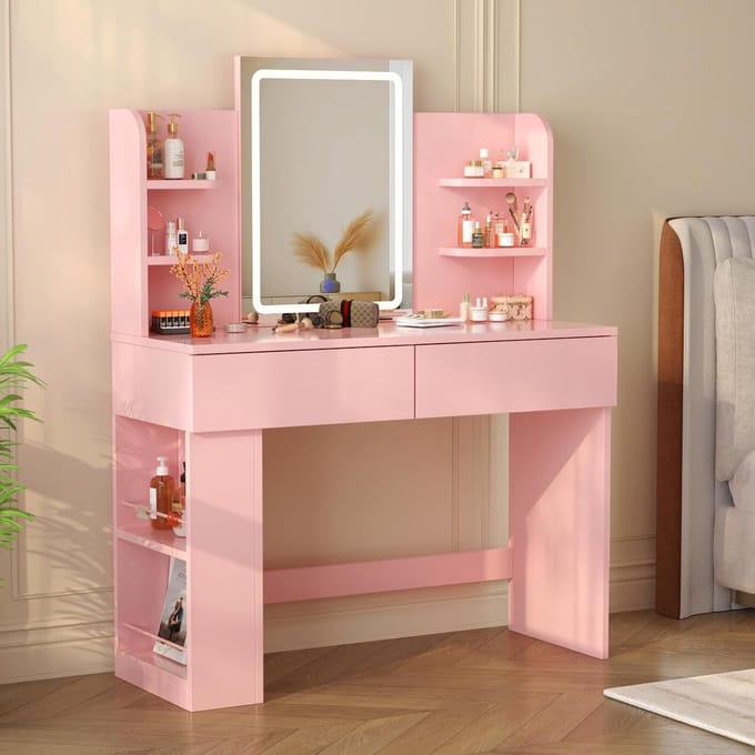 Kaptafel met Verstelbare LED Spiegel, Make-up Tafel met 2 Lades en 4 Planken - Roze