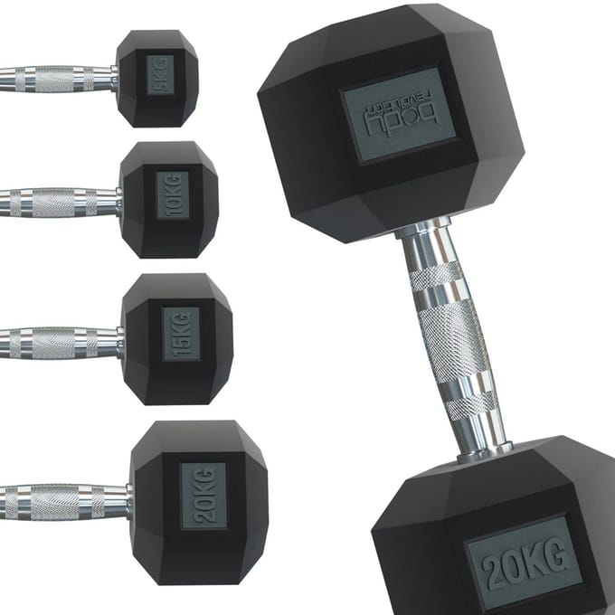 Hex halter gewichten - zwart - 2x5kg - rubbercoating