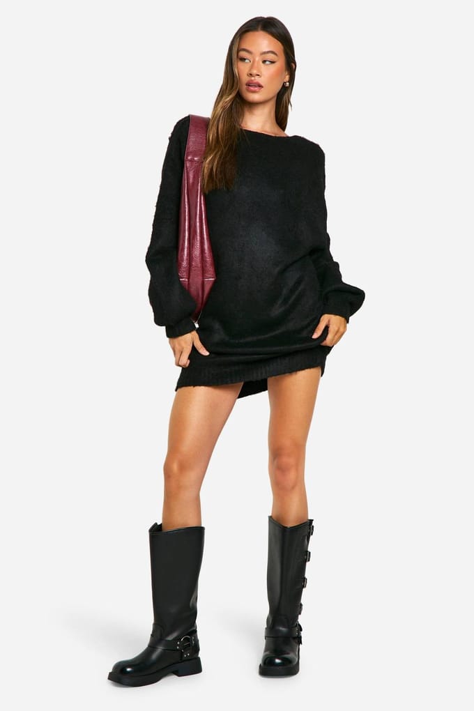 boohoo Dames Lange Geborstelde Low Back Oversized Jumper Jurk | Zwart | Maat: XS