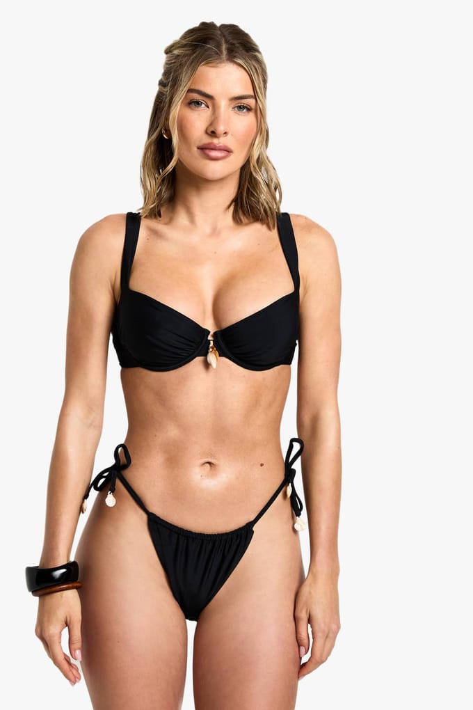 boohoo Dames Shell Trim Tie Side Bikini Bottoms | Black | Maat: 16