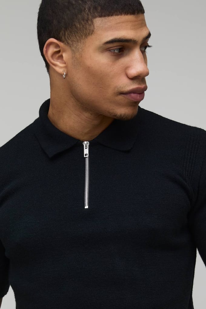 Essential Muscle Fit Soft Touch Knitted Polo T-Shirt | Black | Size Medium