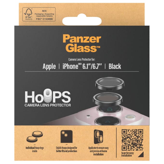 PanzerGlass Screenprotector geschikt voor Apple iPhone 15 Glazen | PanzerGlass Hoops Camera Lens Protector - Case Friendly - Zwart