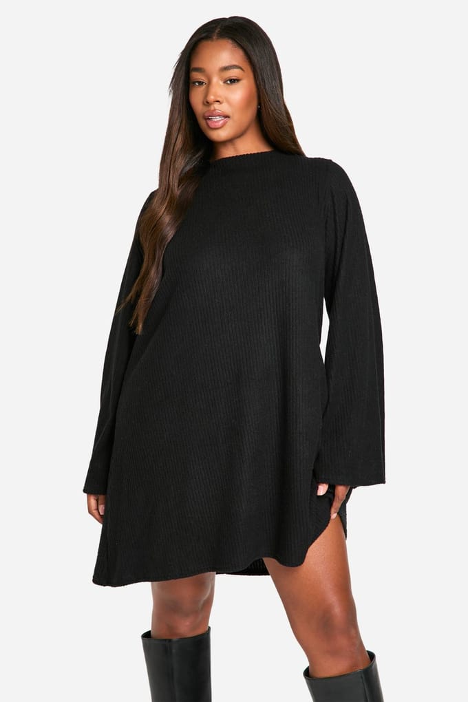 boohoo Dames Plus Soft Rib Tie Back Smock Jurk | Zwart | Maat: 48