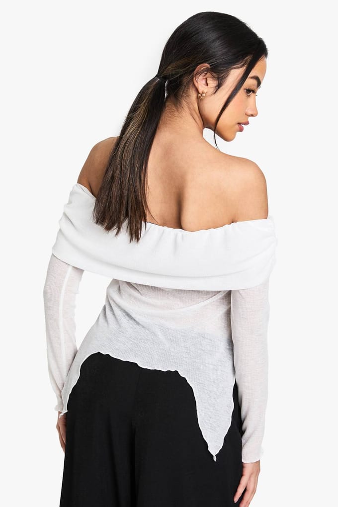boohoo Dames Transparante Mesh Bardot Top met Drape Detail | White | Maat: 8