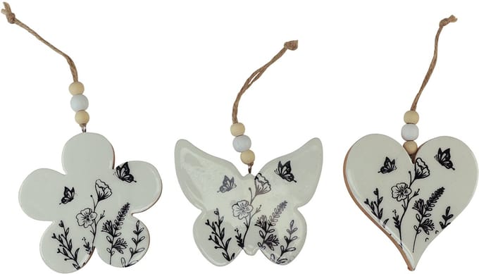 Decoratieve hanger hart bloem vlinder wit naturel 9cm 3st, 3 Stück
