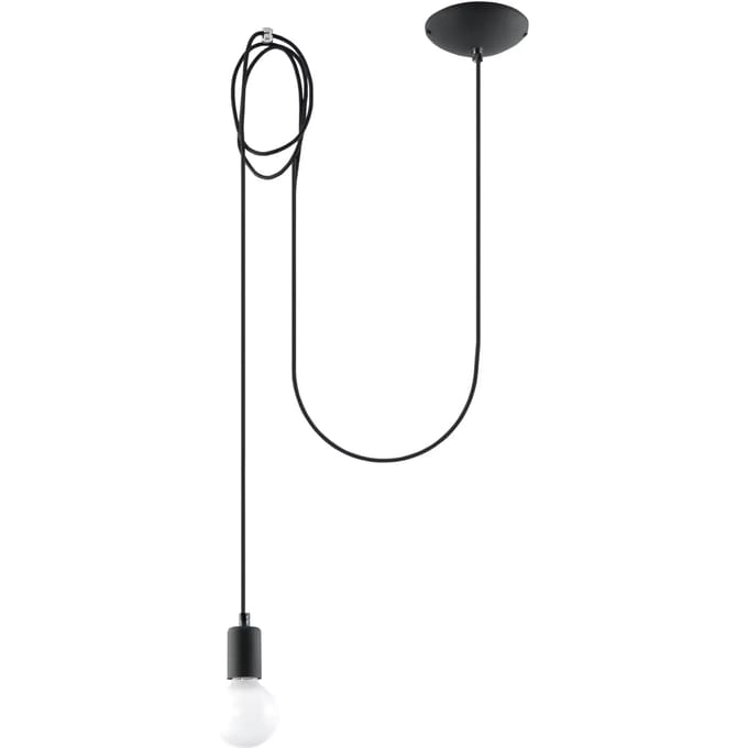 Hanglamp EDISON 1 met lange gevlochten kabel - Sollux Lighting - IP20 - Zwart stof/staal behuizing - 300 x 150 x 150 cm - 1 x E27 LED, exclusief lichtbron - Max. 15 W - Industriële hanglamp voor woonkamer, slaapkamer en eetkamer