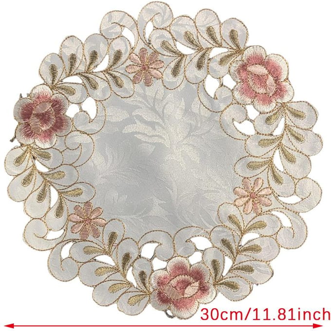 Set de table brodé en satin avec fleurs de rose, napperon, dessous de verre, napperon ... L white