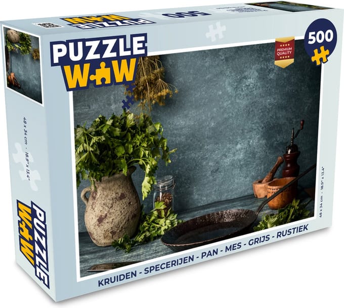 Puzzel Kruiden - Specerijen - Pan - Mes - Grijs - Rustiek - Legpuzzel - Puzzel 500 stukjes