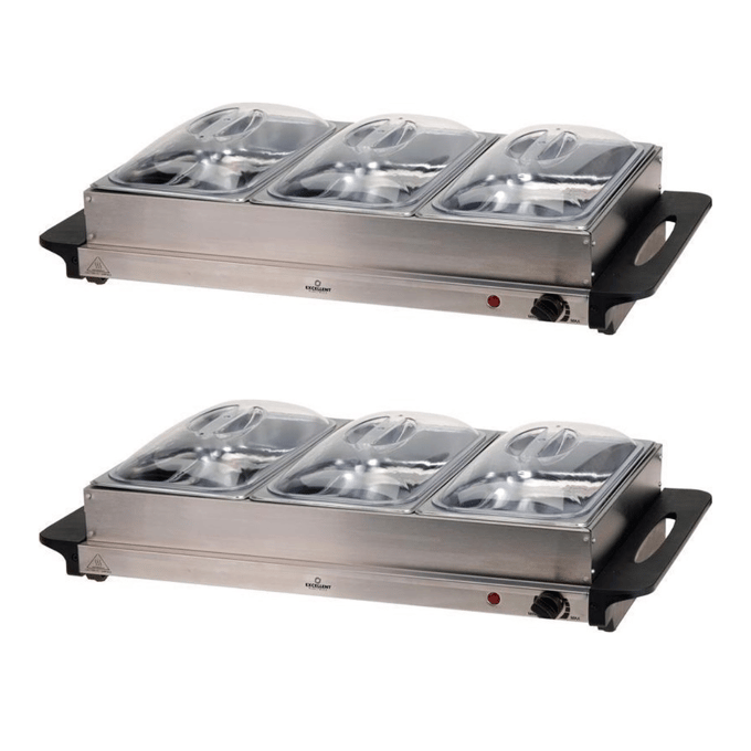 Excellent Electrics - Buffetwarmer Set van 2 - 2-in-1 Warmhoudplaat - 3 RVS Bakken (2L per stuk) - 300W - 53 x 35 cm