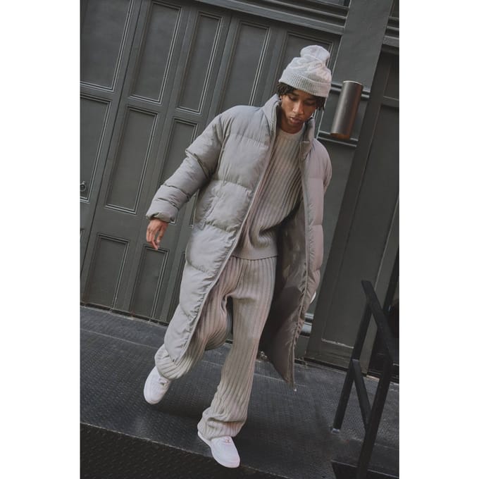 Oversized Crinkle Nylon Funnel Neck Longline Puffer Jacket | Grey | Size Medium