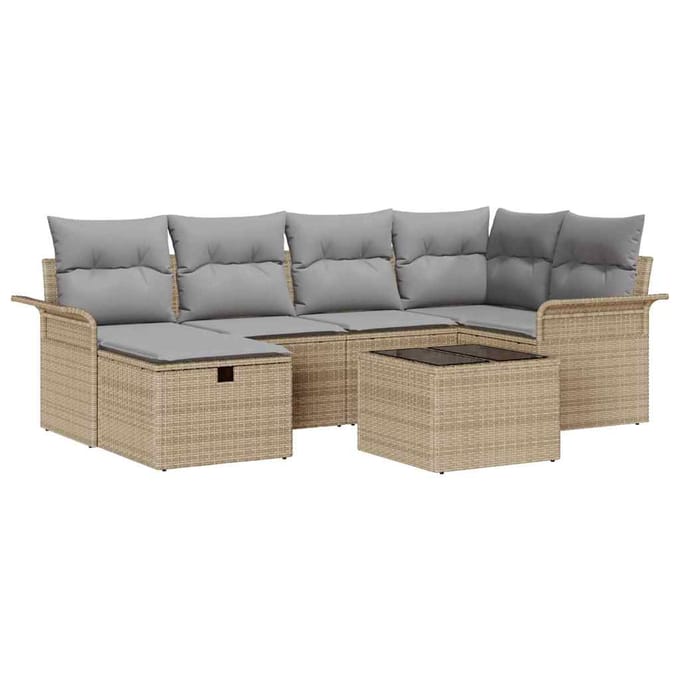 vidaXL - Tuinbank - Set - 7 - st - Beige - en - Lichtgrijs - poly - rattan