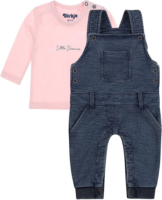 Dirkje - Basic Collection - BIO COTTON - Tuinbroek Blauw - Shirt Lichtroze - Maat 68