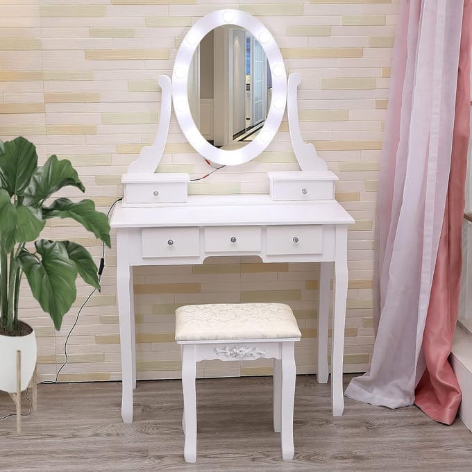 Coiffeuse met Spiegel en Verstelbare LED‑verlichting - Kaptafel met 5 Lades en Krukje, 2‑in‑1 Make‑uptafel/Bureau