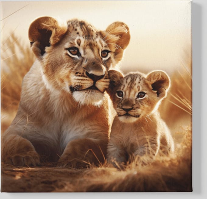 Vierkant Canvas Schilderij - Dieren - Moeder Leeuwin met Welp - 40x40x2 cm