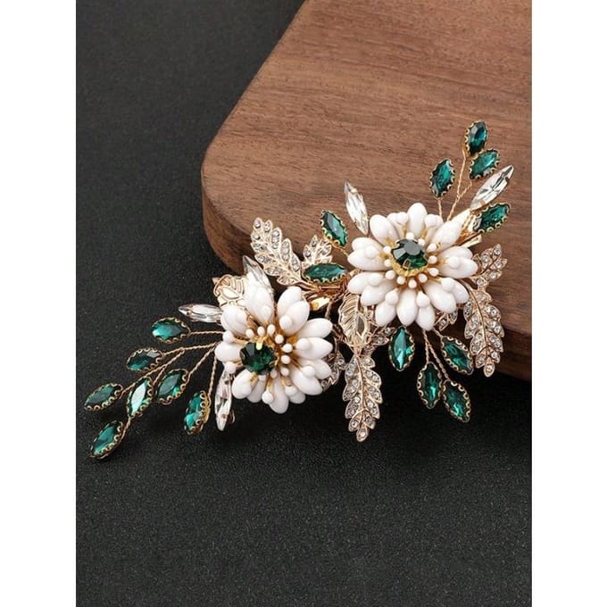 1 stuks Handgemaakte Gouden Legering & Parel Bloemen Bruids Haarclip, Bruiloft Feest Haaraccessoire one-size groen