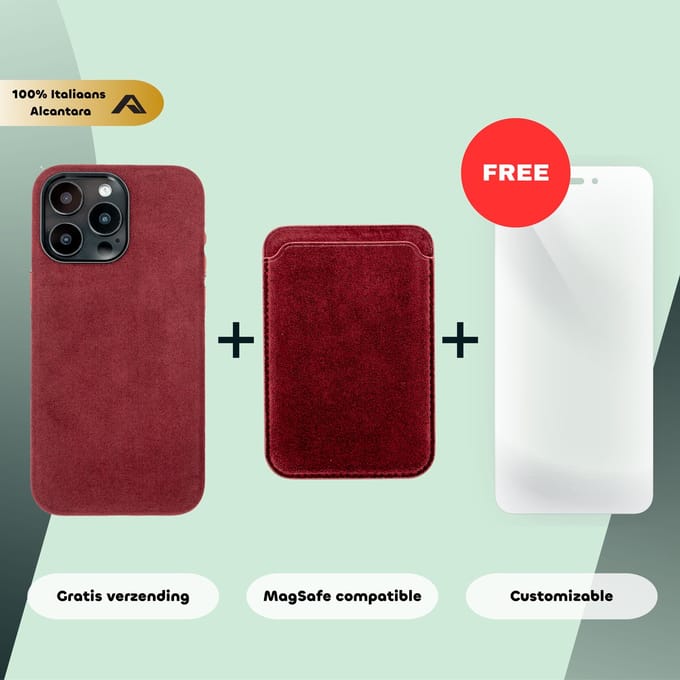 iPhone 14 Pro Max – Alcantara Case + MagSafe Wallet + Gratis Screenprotector | Ruby Red