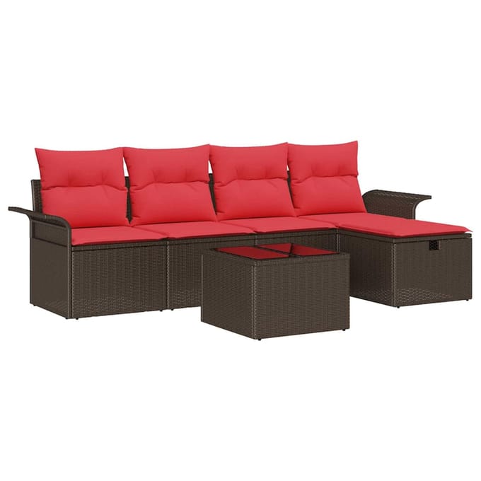 vidaXL - Tuinbank - Set - 6 - st - Bruin - en - Rood - poly - rattan