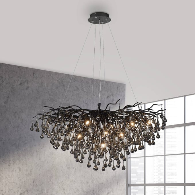 Paul Neuhaus IJspegel kroonluchter, zwart, glas hangend, lengte 100 cm