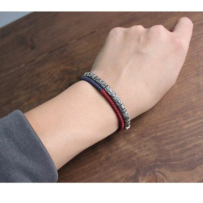 Traditionele Tibetaanse boeddhistische armband van messing, herenarmband met zes tekens en een antieke metalen amuletkralenarmband zilver