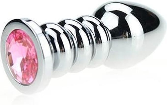 Buttplug aluminium geribbeld met kristal - roze