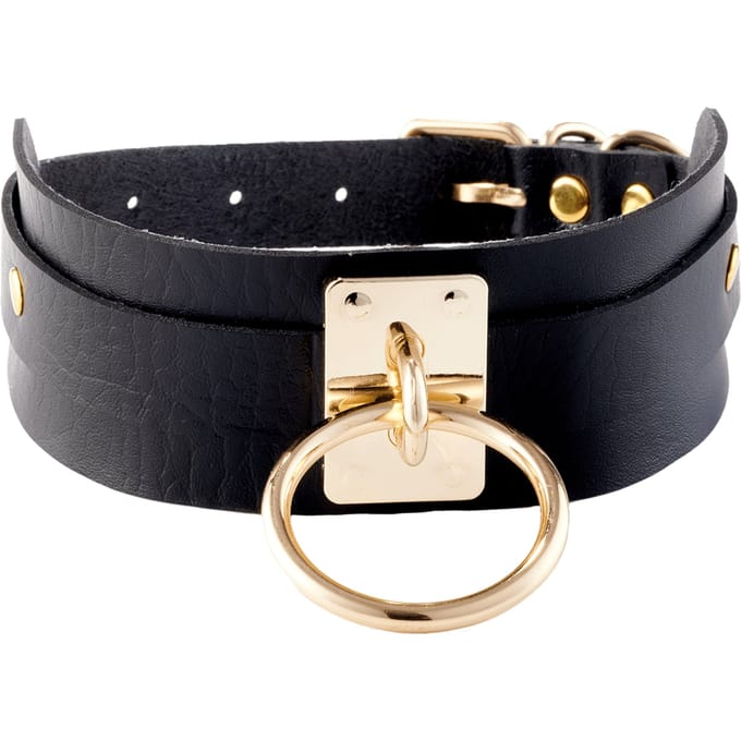 Kinky Diva – Lederen Collar Met O-Ring - Zwart en Goud