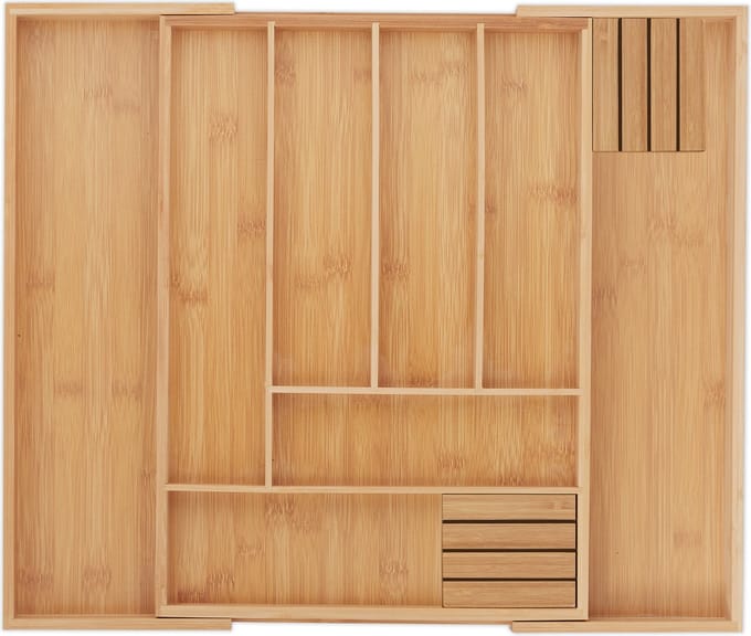 Bestekbak bamboe - uitschuifbaar - 32 - 52 cm breed - 2 messenhouders