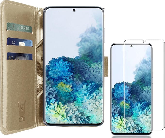 Hoesje geschikt voor Samsung Galaxy S20 Plus - Screen Protector GlassGuard - Book Case Kunstleer Pasjeshouder Goud & Screenprotector