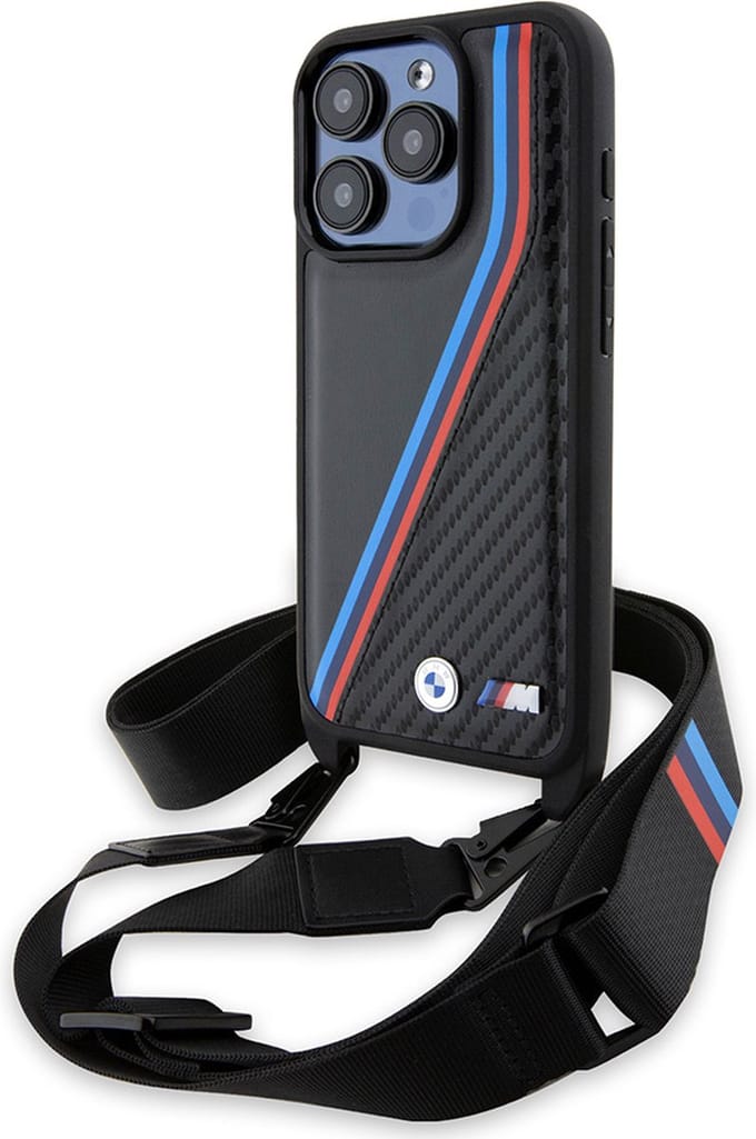 BMW M Edition Carbon Tricolor Lines & Strap case for iPhone 15 Pro - black