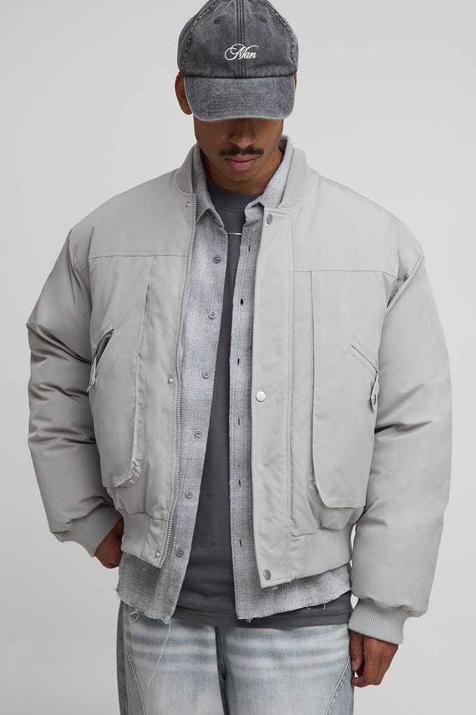 Oversized Bomberjack met naaddetail in gepeacht nylon | Light Grey | Size Medium
