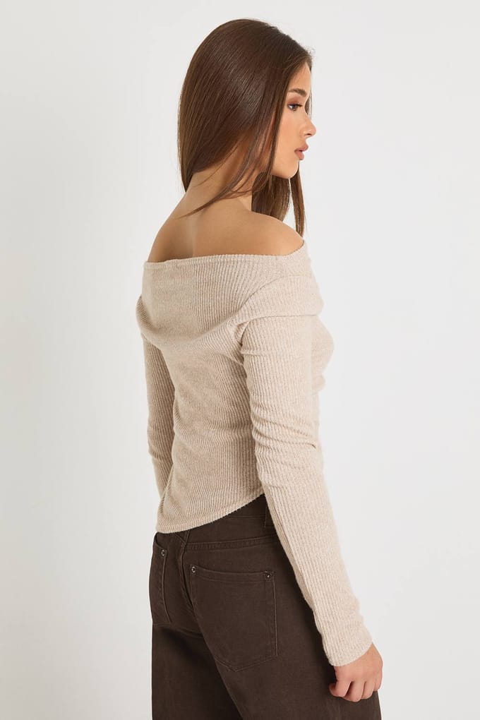 boohoo Dames Robuuste geribbelde top met asymmetrische zoom en draperende uitstraling | Stone | Maat: 14