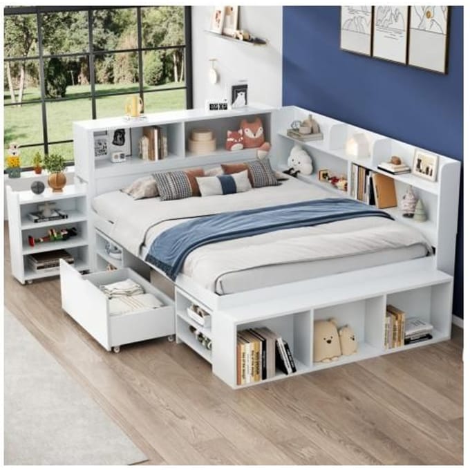 Kinderbed - MUVOE - 140x200 cm - Wit - Lattenbodem - Geïntegreerde opbergruimte wit