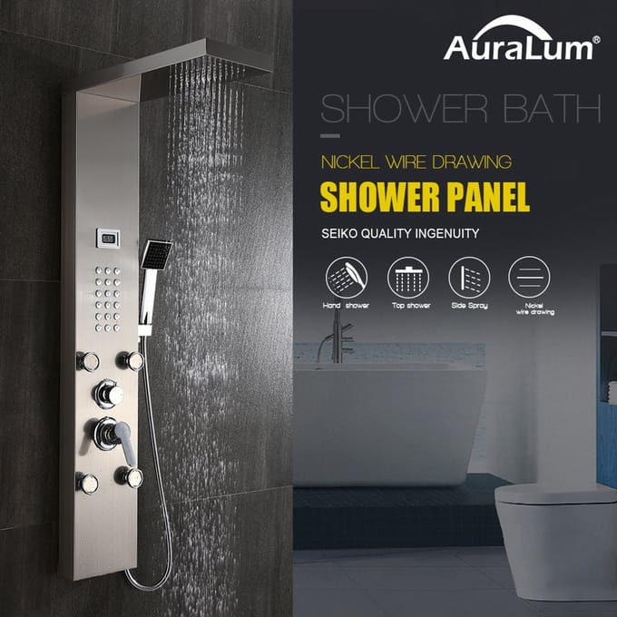 Auralum Max Douchepaneel - RVS / Geborsteld Staal - 4-in-1 Douchesysteem - LCD Temperatuurdisplay - Spa Massage - Handdouche Met Kraan