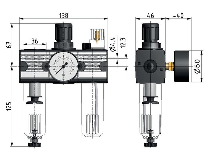 FRL 3-Delig G3/8'' 1200l/min 0.5-10.0bar/7-145psi Auto Polycarbonaat Multifix 1