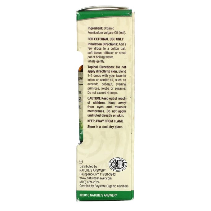 Nature'S Answer, 100% Pure Organic Essential Oil, Fennel, 15 Ml (0.5 Fl Oz)