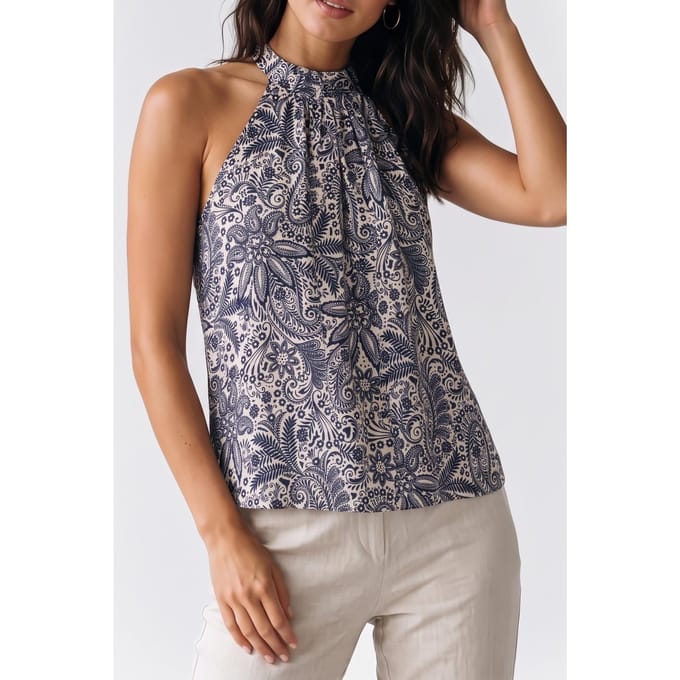 Studio Anneloes Flower Printed Halter Top Dark Blue/off White Größe: XL | Blusen Outlet | Damen | Weiß