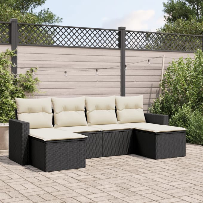 vidaXL - 6-delige - Loungeset - met - kussens - poly - rattan - zwart